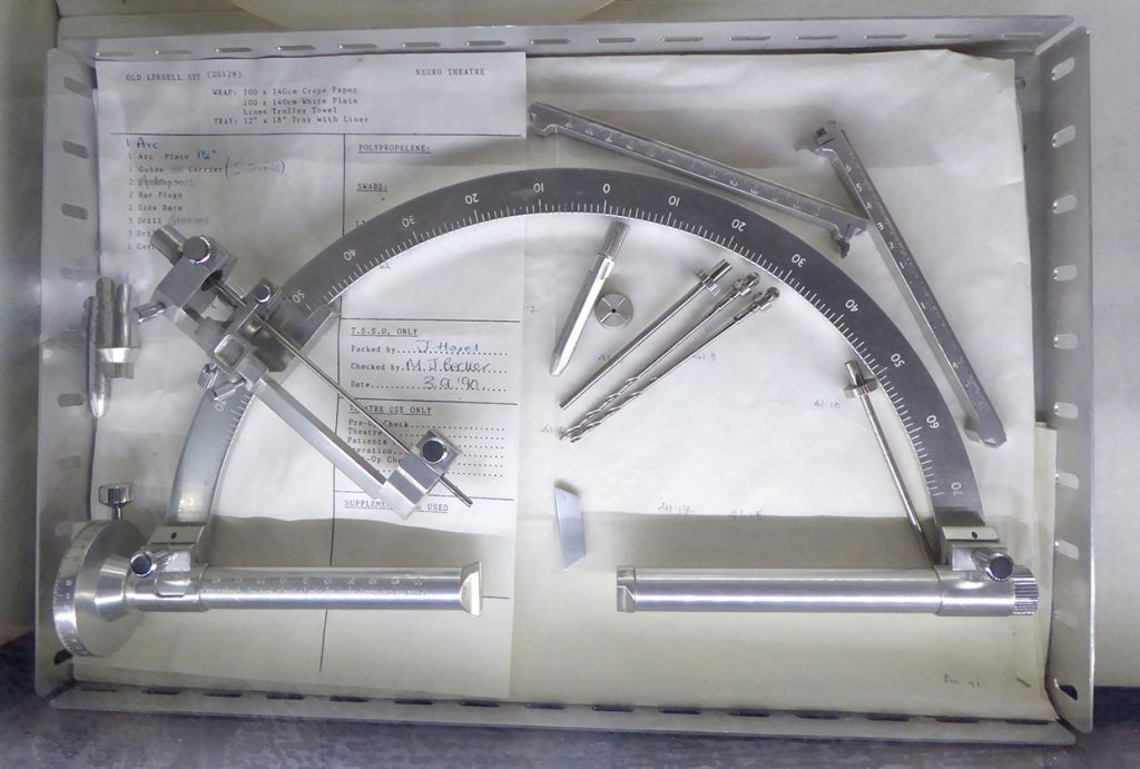 A surgical head clamp used in brain operations.